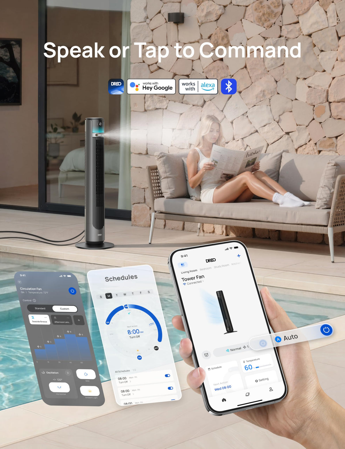 DREO TurboCool Outdoor Misting Fan 711AS, 33 ft/s High Velocity, 12 Speeds, 4 Modes Smart Standing Floor Fan, 150ยฐ Customizable Oscillating, 20 dB Quiet DC Motor for Bedroom, Weather Resistant