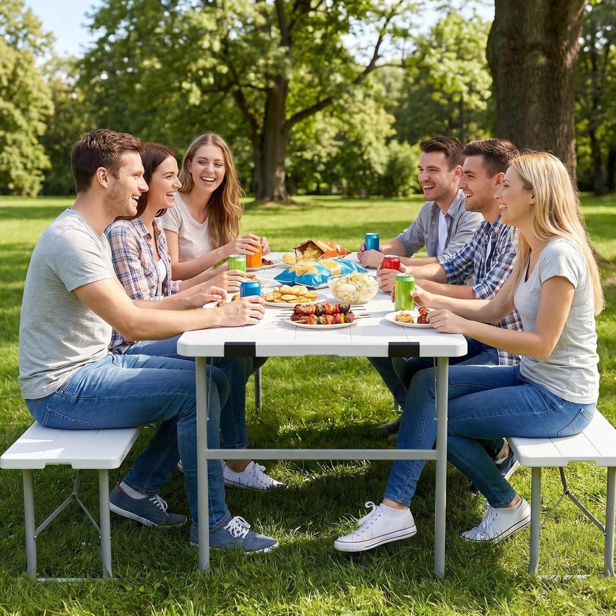 GUAGUA 6ft Picnic Folding Table with Benches, Foldable Portable Camping & Patio Table for Outdoor Dining, Beach, Tailgate, Backyard Parties(White)