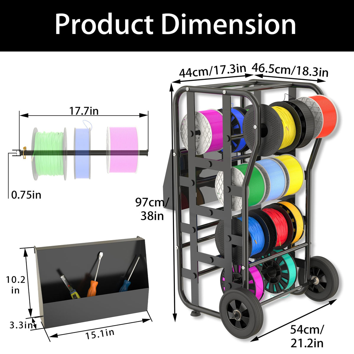 Wire Spool Rack for Wire Spool, Portable Wire Rack Dispenser with Wheels, Automotive Wire Storage, Multi-Spool Wire, Cable Dispenser, Electrical Wire Spool Holder Cart with Storage Tray (Black)