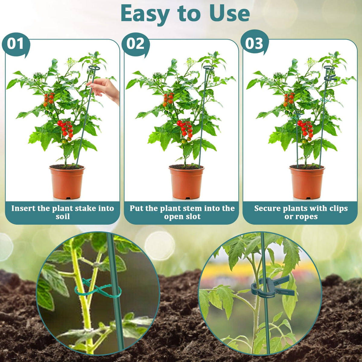 Plant Stakes for Indoor Outdoor Plants, 6 Packs 31.5 inches Plant Support Stakes with Twist Ties and Clips, Climbing Plant Sticks Garden Flower Stakes Support Hoops for Tomato, Pepper, Peony