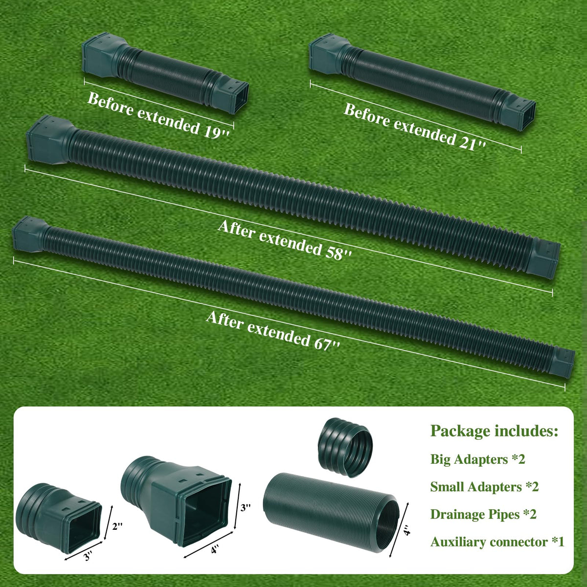 Gutterlix Flexible Gutter Downspout Extensions, Connectable Downspout Extender with 58"+ 67" Extendable Pipe, Thickened Down spout Drain Extension for Rainwater Drainage(2 Pack, Green)