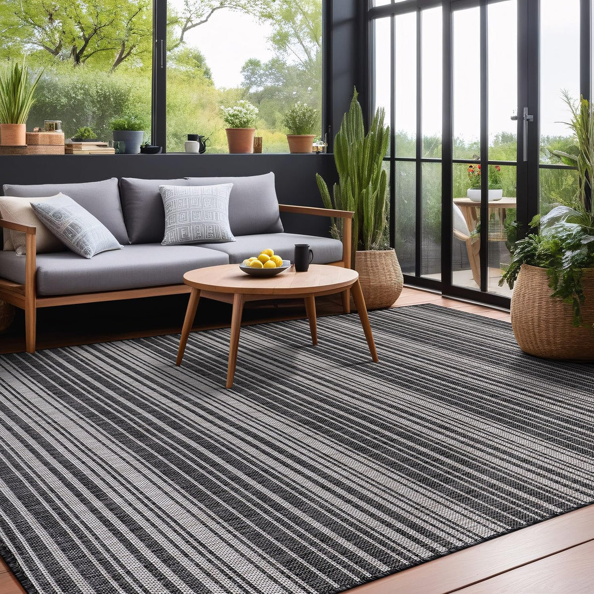 Luul Home Stripe Outdoor Rug 10x14 Washable Outside Carpet for Indoor Patio Porch Waterproof Easy Cleaning Non Shedding Area Rugs Dark Gray 10 x 14