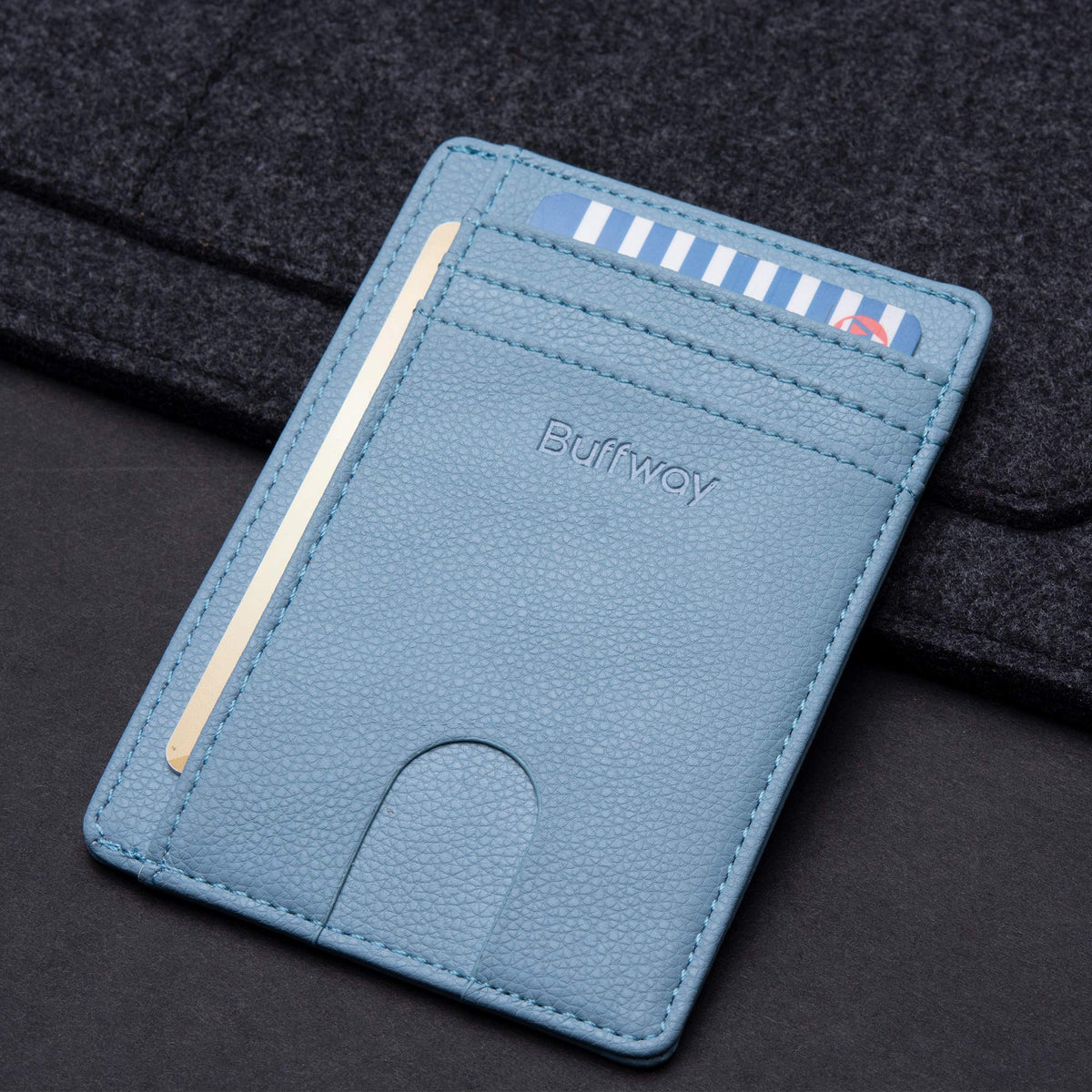 Buffway Slim Minimalist Front Pocket RFID Blocking Leather Wallets for Men and Women - Lichee Blue Grey