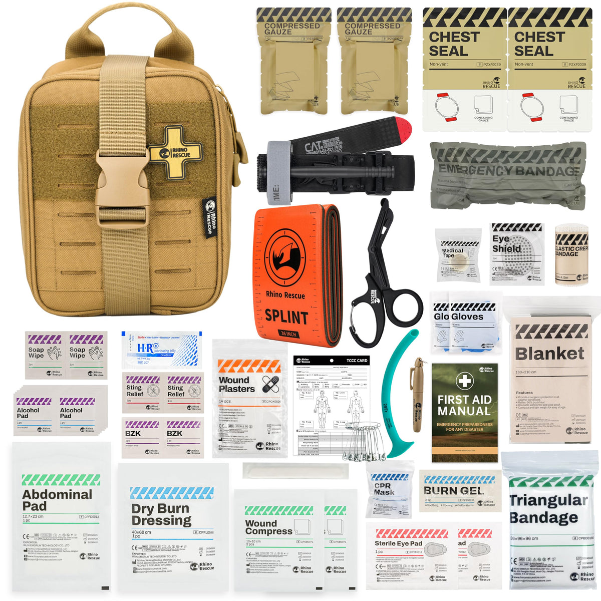 RHINO RESCUE Sterile Compressed Gauze for Emergency Wound Dressing+IFAK Trauma Kit with C-A-T Tourniquet(PRO, Coyote)