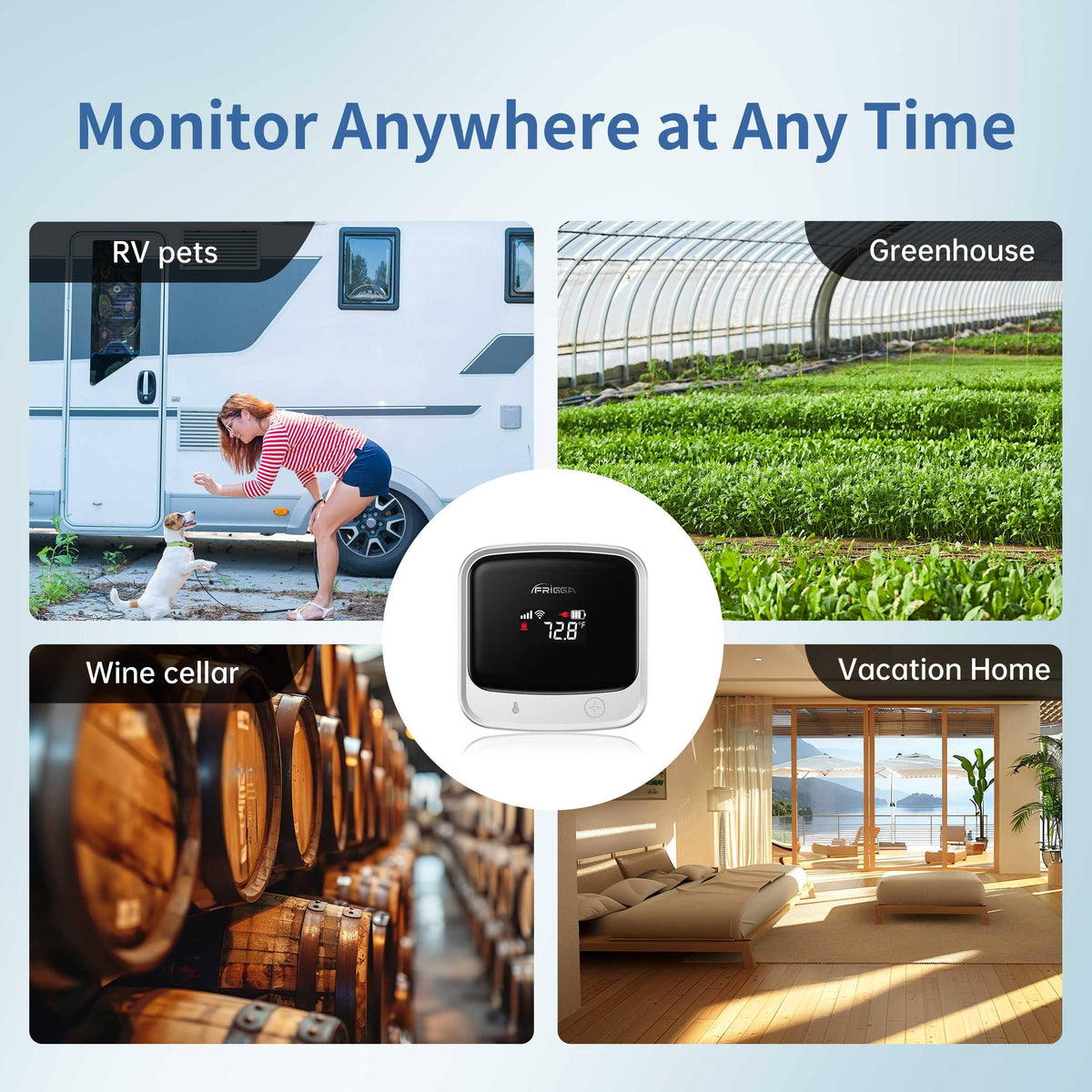 Frigga 4G Cellular Temperature & Humidity Monitor, No WiFi Required (WiFi Optional), Remote Temperature Sensor with App, Email & On-Device Voice Alerts for RV, Pets, Vacation Home, S0