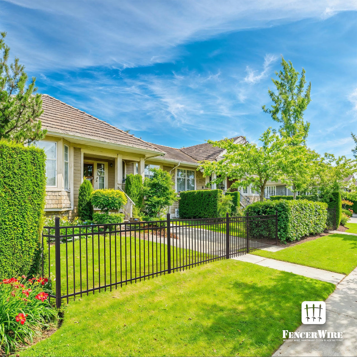 Fencer Wire 76FT Heavy Duty Flat Top Fence Barrier Kit, Anti-Rust Metal Steel Fence with 5FT Height X 8FT Width Panels, with Arched Gate, Posts, Connectors, Outdoor Fencing for Yard