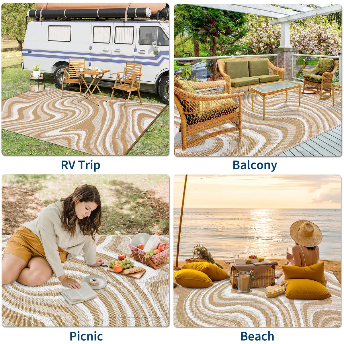 MilleLoom 10x20 Large Outdoor Patio Rug Modern Abstarct Plastic Straw Outdoor Rugs Waterproof Foldable UV Resistant Camping Reversible Mats for Deck, Camper, Balcony, Beach, Rv,Brown/Coffee/White