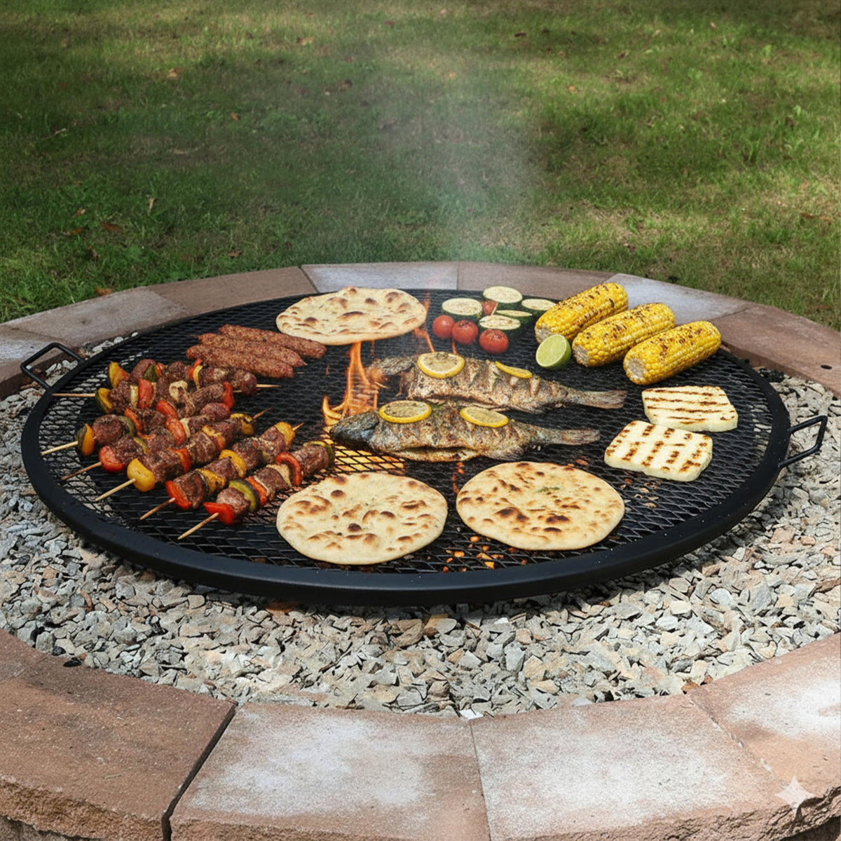 Sunnydaze X-Marks Outdoor Fire Pit Grill Grate for Cooking - Round Fire Pit Grate - Steel Campfire BBQ Grill with Handles - 36-Inch
