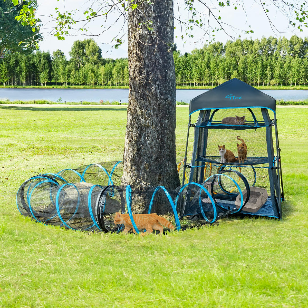 Itent X-Large Catio Outdoor Cat Enclosure,3 Tier Cat Tower Tent Weatherproof & Sunproof with Waterproof Floor & 3 Doors, Foladable and Portable for Patio, Deck,Camping, Indoor & Outdoor(Patented)+3 Tu