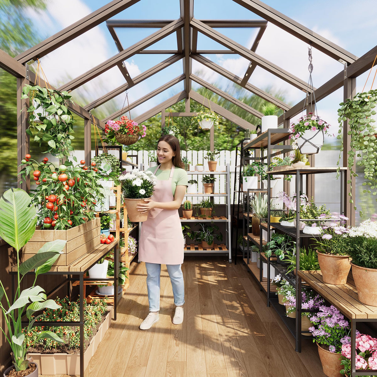 Garvee 6x10 FT Wooden Greenhouse - Walk-in Greenhouses for Outdoors, Large Spruce Frame Green House with PC Panels, Adjustable Roof Vents & Lockable Door, Green Houses for Garden,Backyard,Patio,Lawn