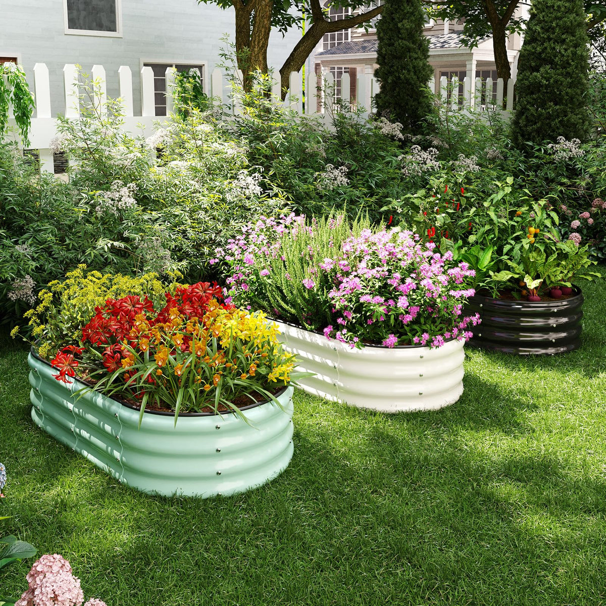 ZFHgarden Galvanized Metal Planter Round Raised Garden Bed Kit for Gardening Outdoor,2x2x1ft Grow Garden Box Raised Flower Bed,Round Galvanized Planter Outdoor Metal Fire Pit Ring White