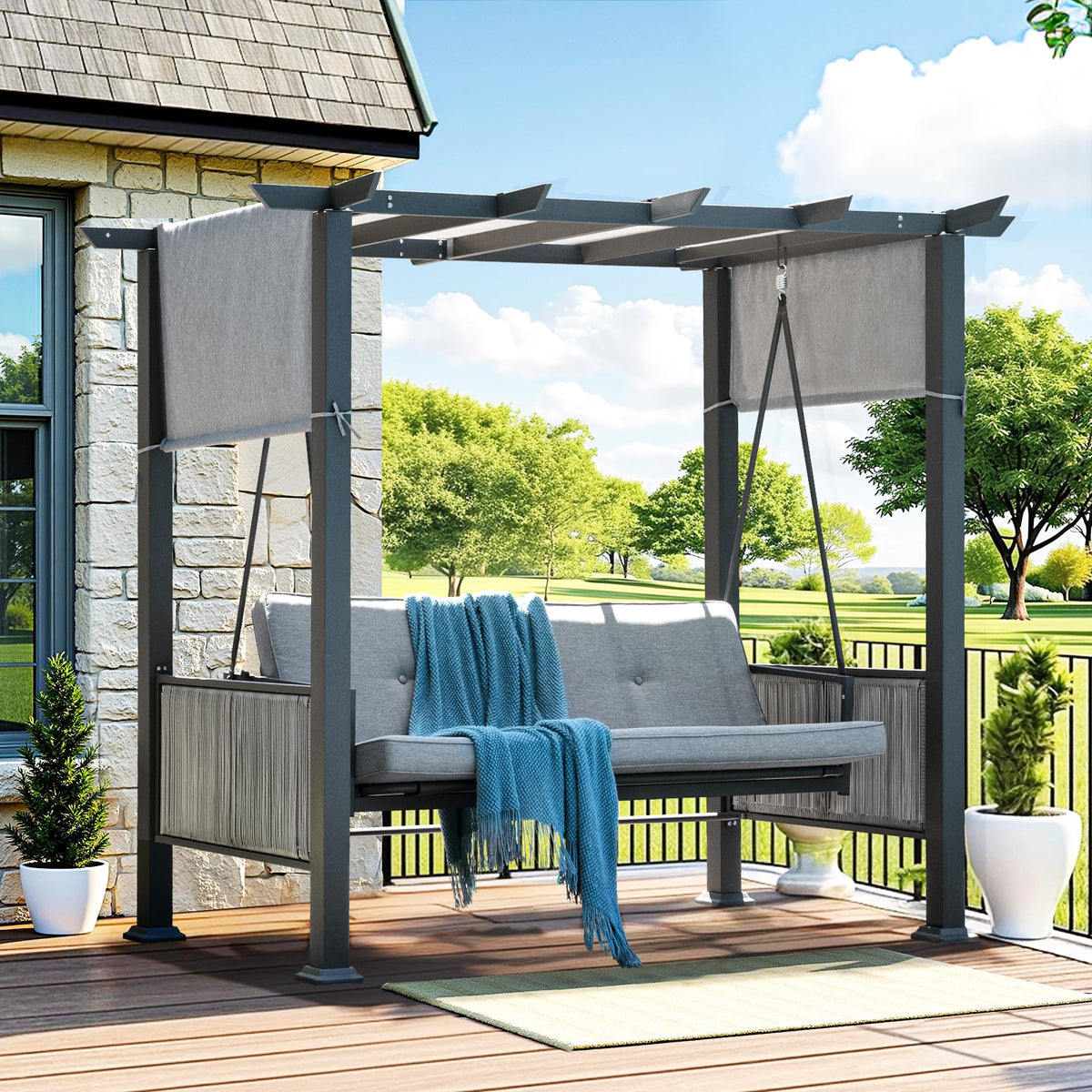 Pamapic 3-Seat Porch Swing with Stand, 990 LBS 2 in 1 Convertible Bed Patio Swings with Canopy Adjustable, Wicker Side Panel Swing Chair Outdoor with Cushion for Backyard, Porch, Garden (Gray)