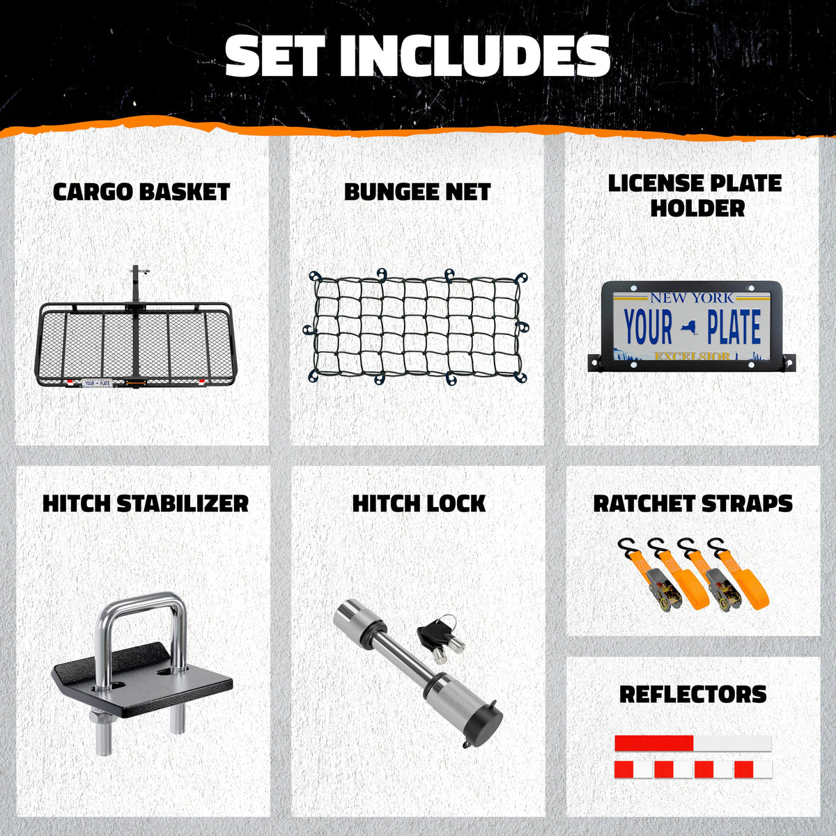 Mockins 60"x24"x6" XL Heavy Duty Trailer Hitch Cargo Carrier | 500 Lbs Cap Folding Luggage Rack for SUV Car & Truck | All-Weather Steel Hitch Rack Cargo Carrier w/License Plate Bracket & Accessories