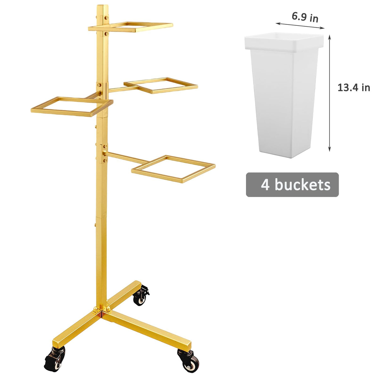 FEFZSFER Flower Display Stand with Buckets - Flower Cart with Wheels for Bouquet Shop, Metal Flower Rack Display Stand for Wedding Garden, Party, Events (Gold, Square buckets)