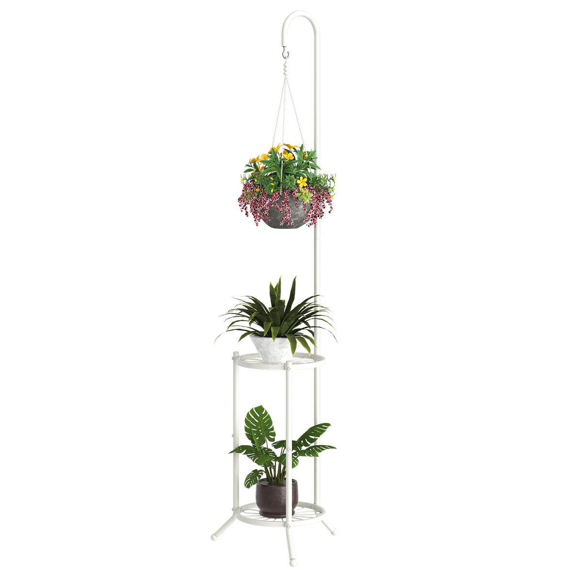Plant Stand with Hooks Indoor Outdoor Corner Tall Plant Stand Heavy-Duty Metal 3-Tier Plant Shelf Holder Rack for Patio Garden Balcony Living Room Bedroom(semicircular White)