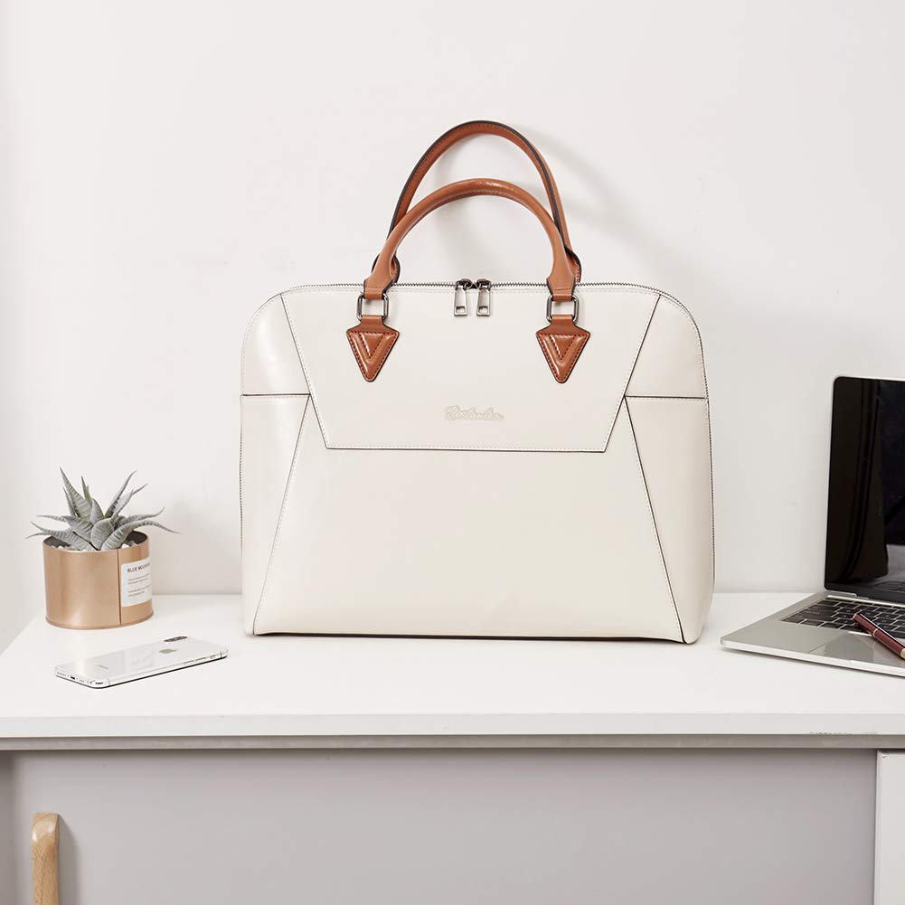 BOSTANTEN Briefcase for Women Leather 15.6 inch Laptop Shoulder Bag Office Work Crossbody Handbag Beige-White
