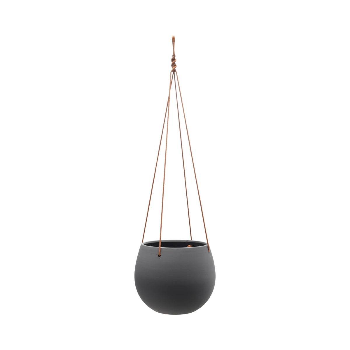 Bloomingville Hanging Stoneware Planter with Leather Rope Hanger, Latex Finish, Black