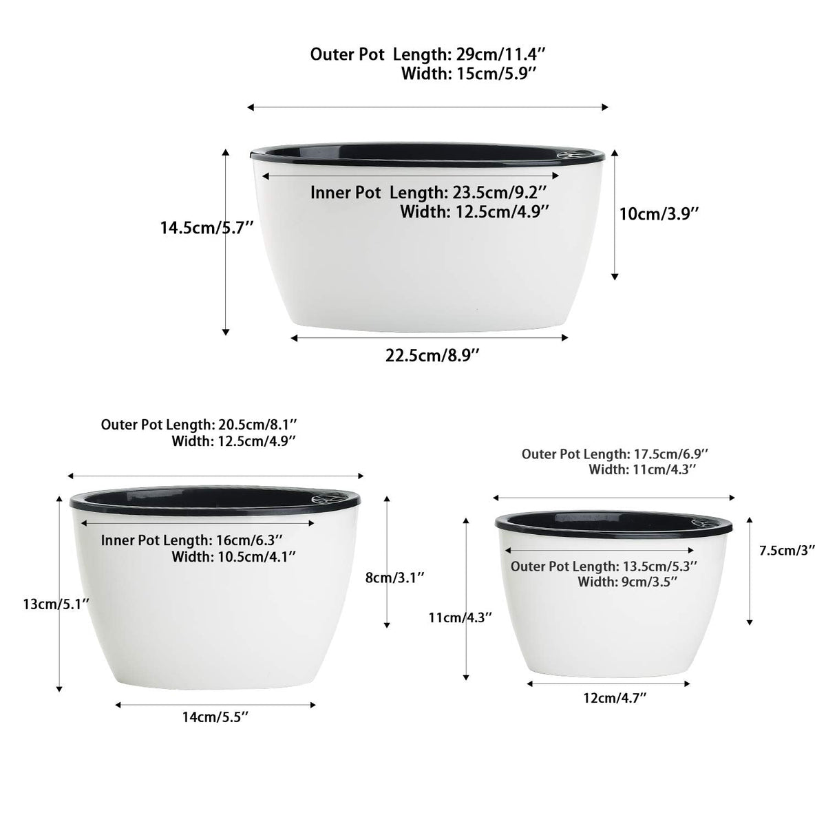 Sungmor Set of 3 Self-Watering Planter Pots - Modern White Plastic Flower Pots for Indoor Plants - Oval Indoor/Outdoor Planters with Water Reservoir, Home & Office Decor