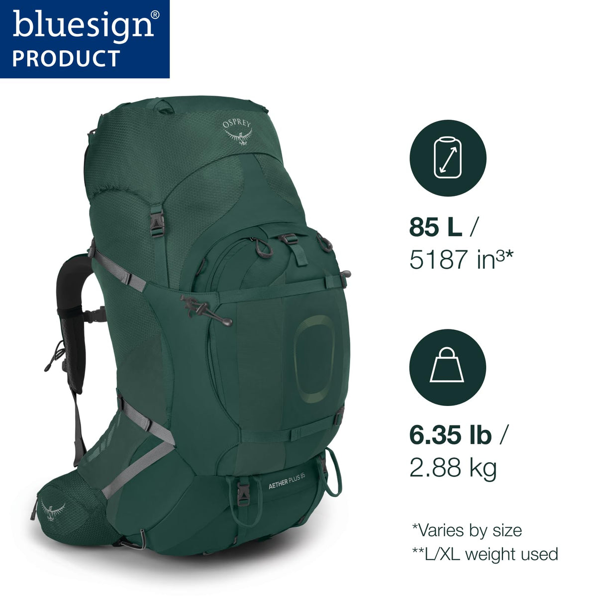 Osprey Aether Plus 85L Men's Backpacking Backpack, Axo Green, S/M