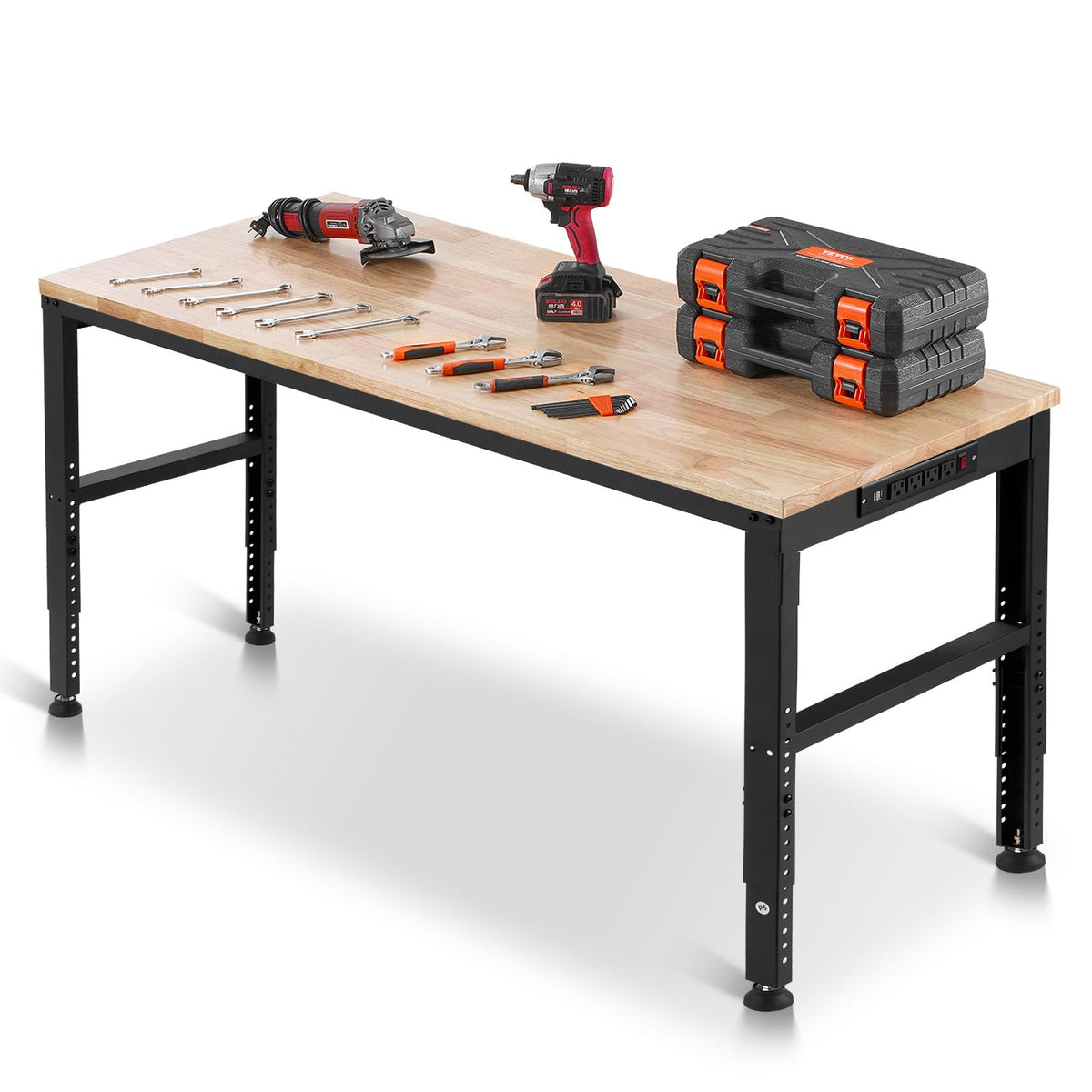 VEVOR Adjustable Workbench, 2000 lbs Capacity, 61 x 20-inch Heavy Duty Work Bench with 27.1-36 Inches Height Adjustment, Garage Workbench with Power Outlets, Suitable for Office, Garage, Workshop