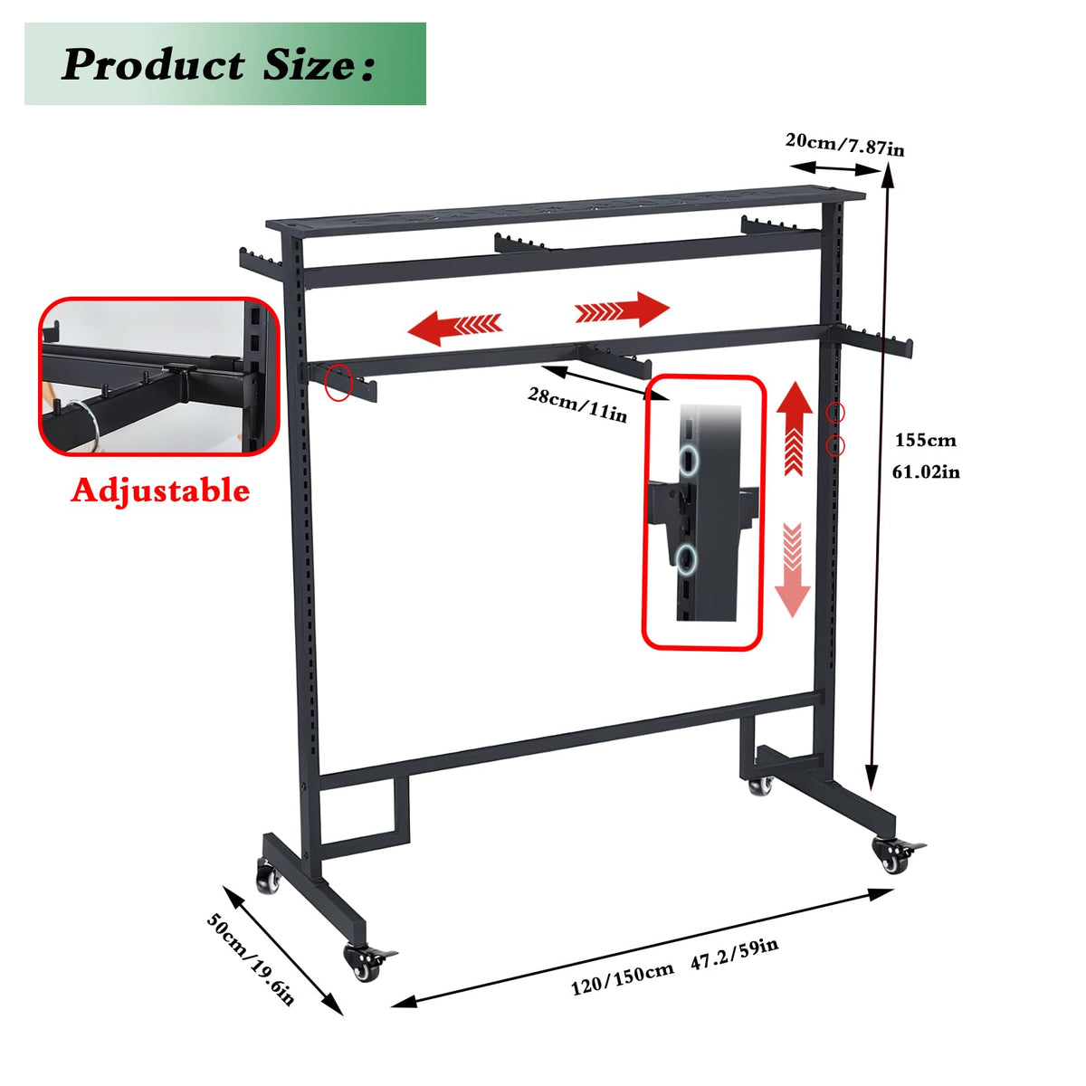 Clothing Rack with adjustable 8 Arms, Garment Rack Display Stand with Wheels and Shelf, Metal Clothes Hanger with Double Rod, Large Boutique Retail Stores Storage (Black, 59 * 19.6 * 61.02in)