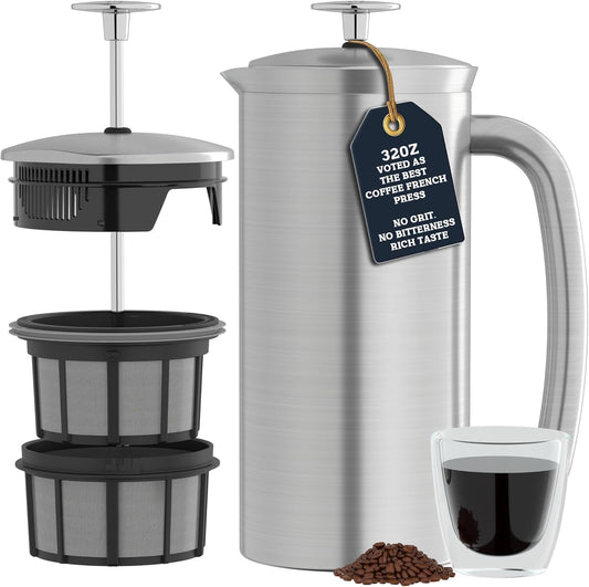 ESPRO P7 32 oz Brushed Stainless Steel French Press and 32 oz Replacement Micro-Filter