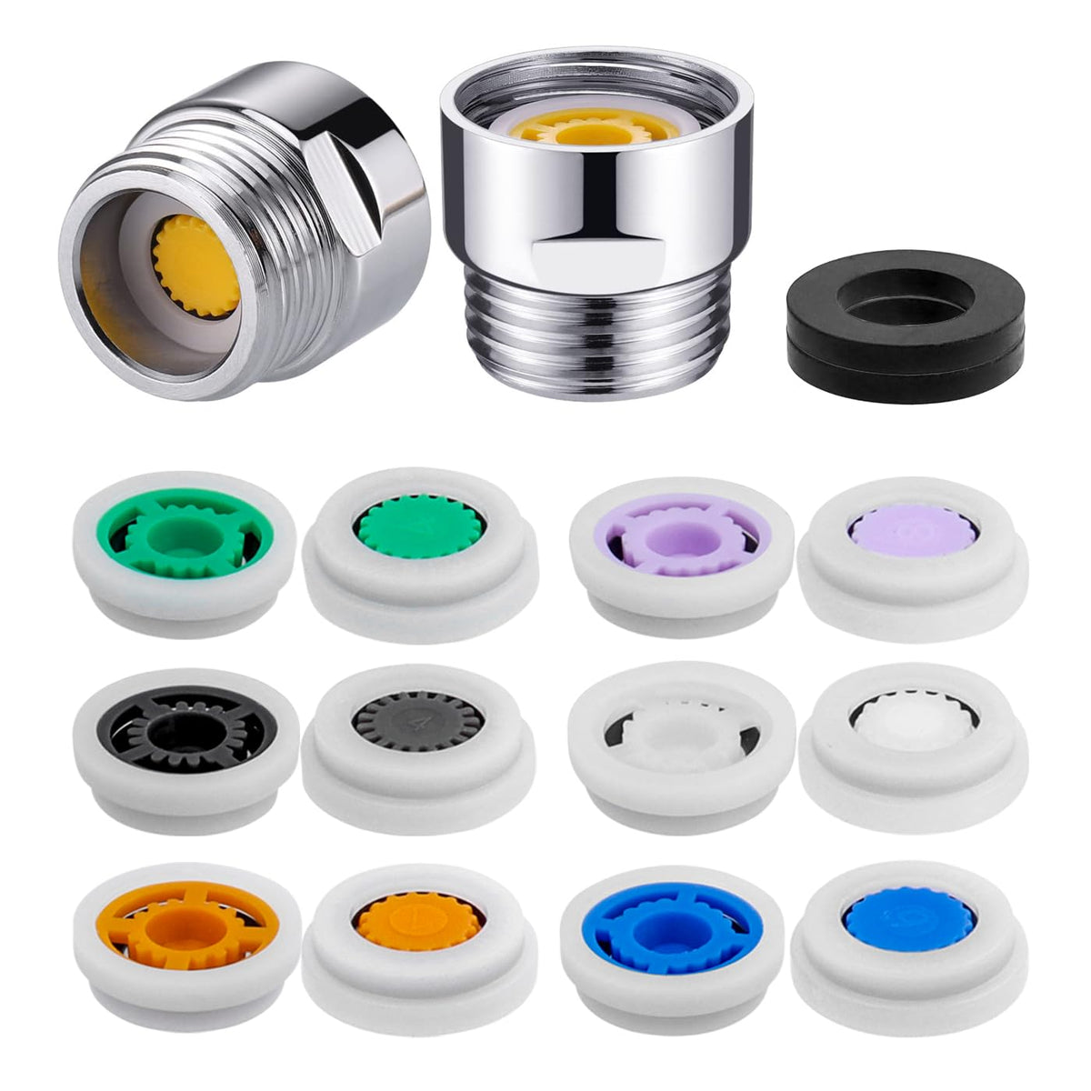 Mesee 2 Sets G1/2 Shower Flow Reducer Limiter Kit, 7 Different Shower Head Flow Restrictor 1.2/1.5/1.8/2.0/2.2/2.5/3.0 GPM with Water Flow Saver Adapters Control Valve for Fixed Handheld Shower Head