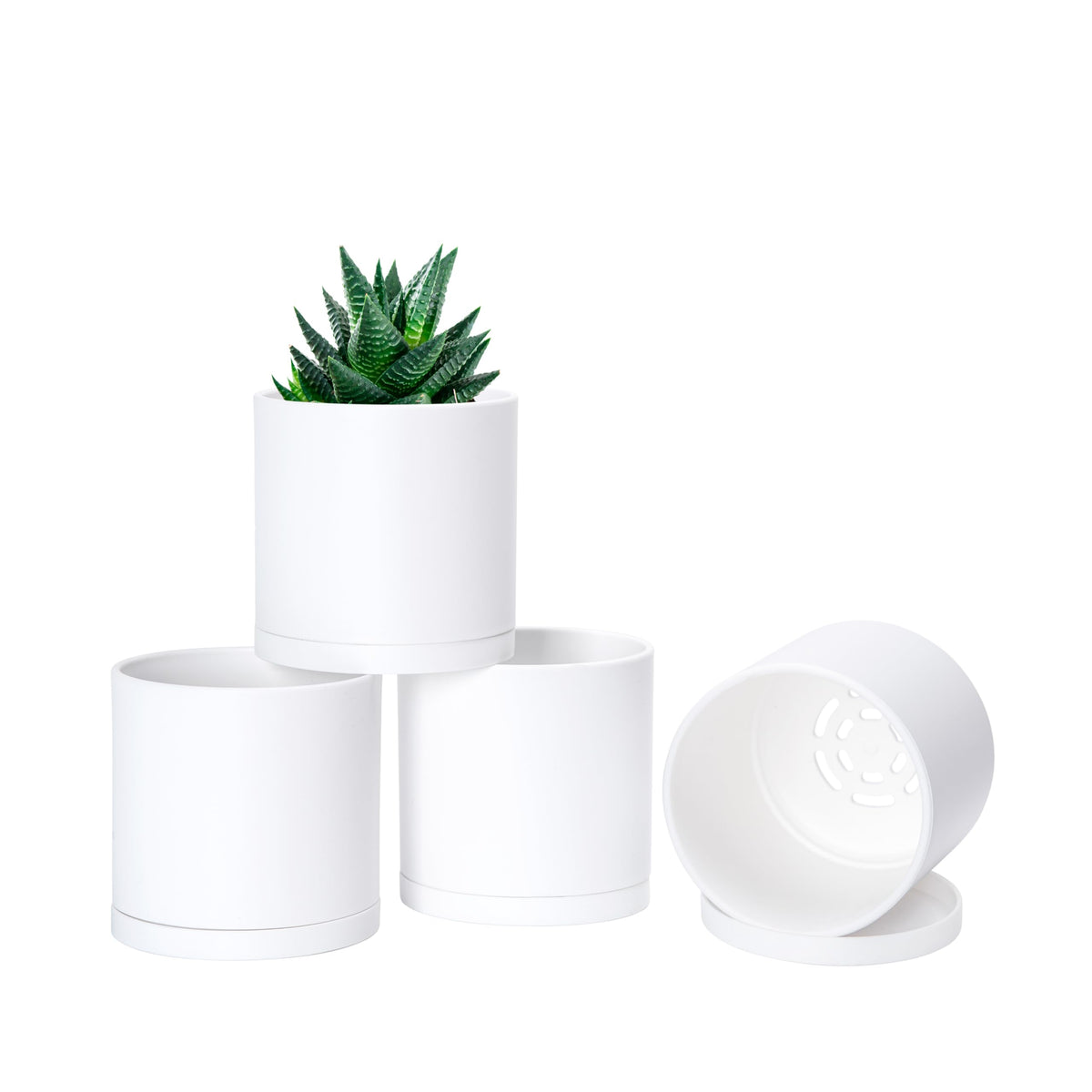 D'vine Dev 4 Pack 4 Inch Modern Plastic Plant Pots, Small Garden Planters for Plant with Drainage Holes and Saucers, White Color, 74-Z-E-2