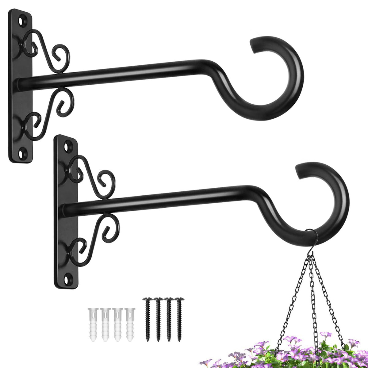 BOLITE Plant Hangers, 6 Inch Hanging Plant Brackets Outdoor or Indoor, Wall Hooks for Hanging Hummingbird Feeders, Bird Feeders, Planters, Lanterns, Wind Chimes, 2 Pack, Black, Gifts for Women Men