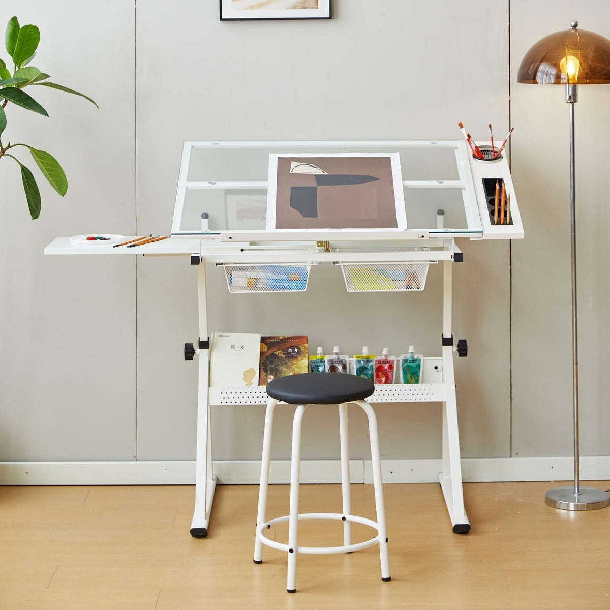 Garvee Drafting Table w/Stool, Height Adjustable Drawing Table, Multifunctional Art Craft Paintings Work Station w/2 Storage Drawers, 0-75° Tilting Glass Tabletop for Home Office, White