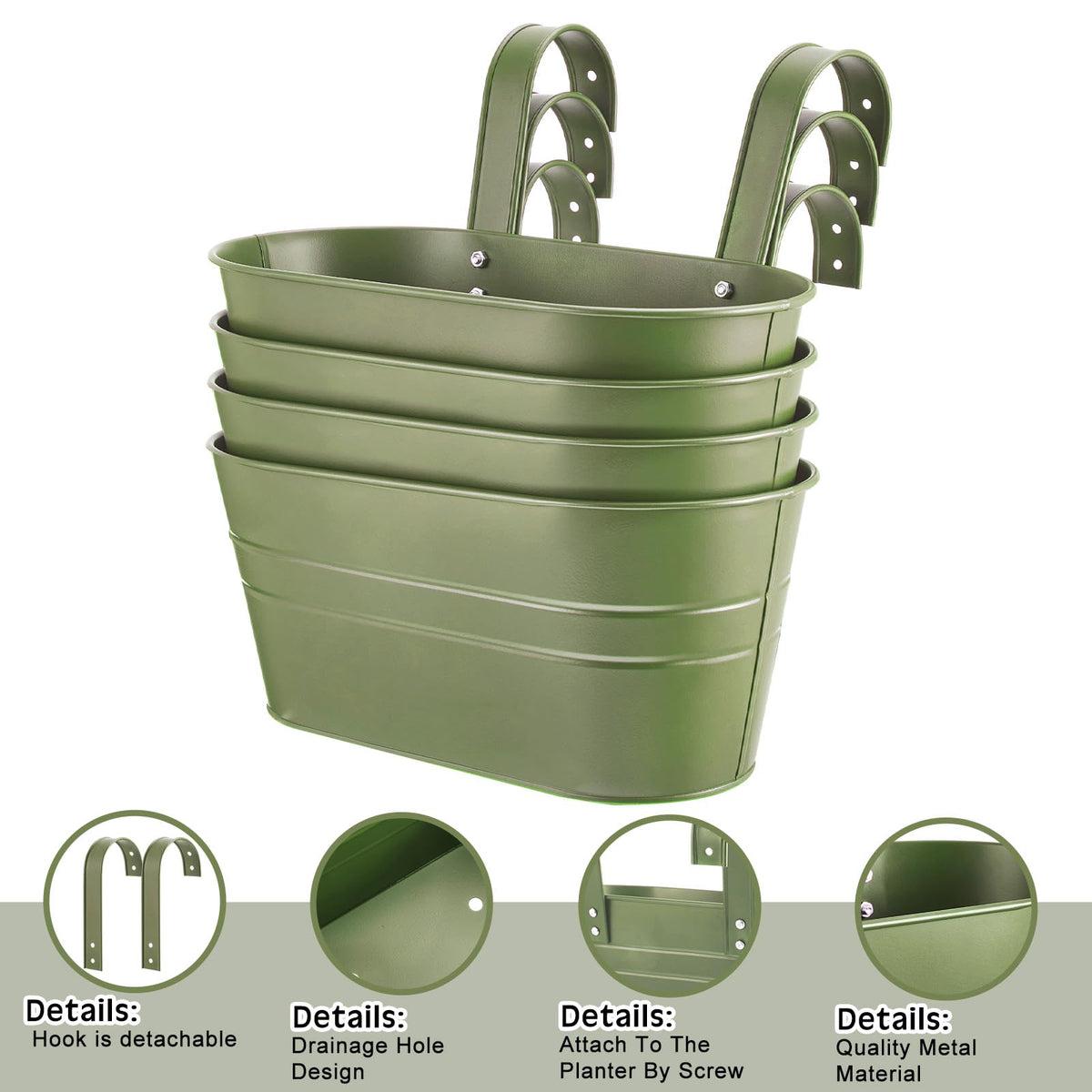 Hicarer Metal Hanging Flower Pots for Railing Fence, Large Hanging Rail Planters for Outdoor Window Balcony Plants Holder with Hooks for Garden Yard Home Decor(Green,4 Pcs)
