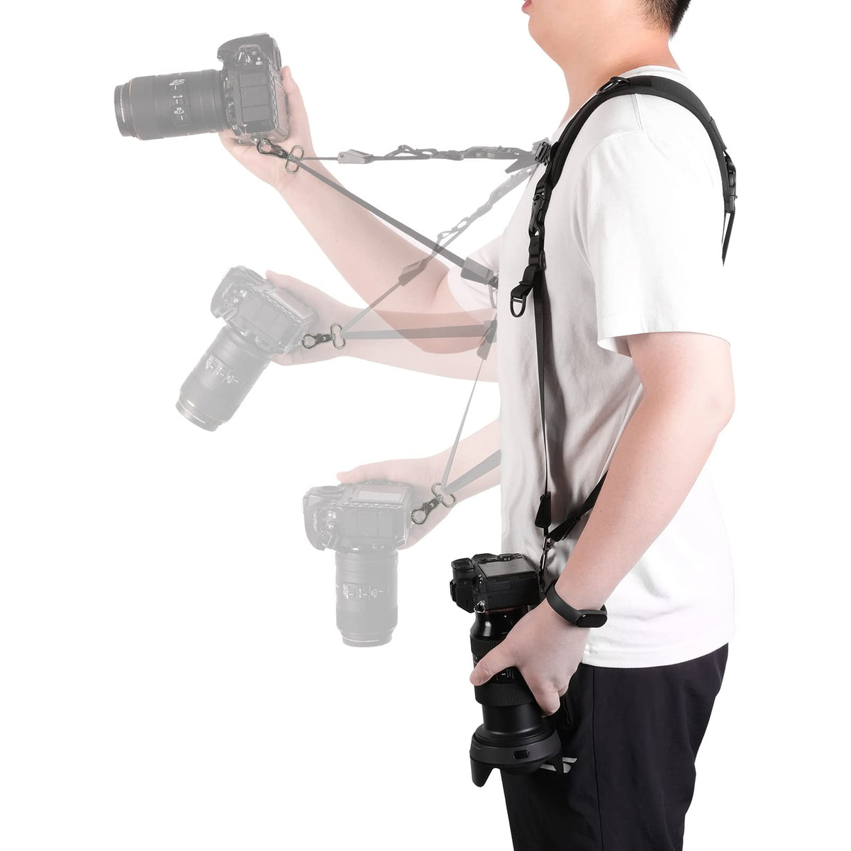 Quick Release Dual Camera Harness With Camera Safety Tether– Double Shoulder Camera Strap for 2 Cameras – Adjustable Length, Camera Straps for Photographers Camera Belt for DSLR SLR Camera (Style-A)
