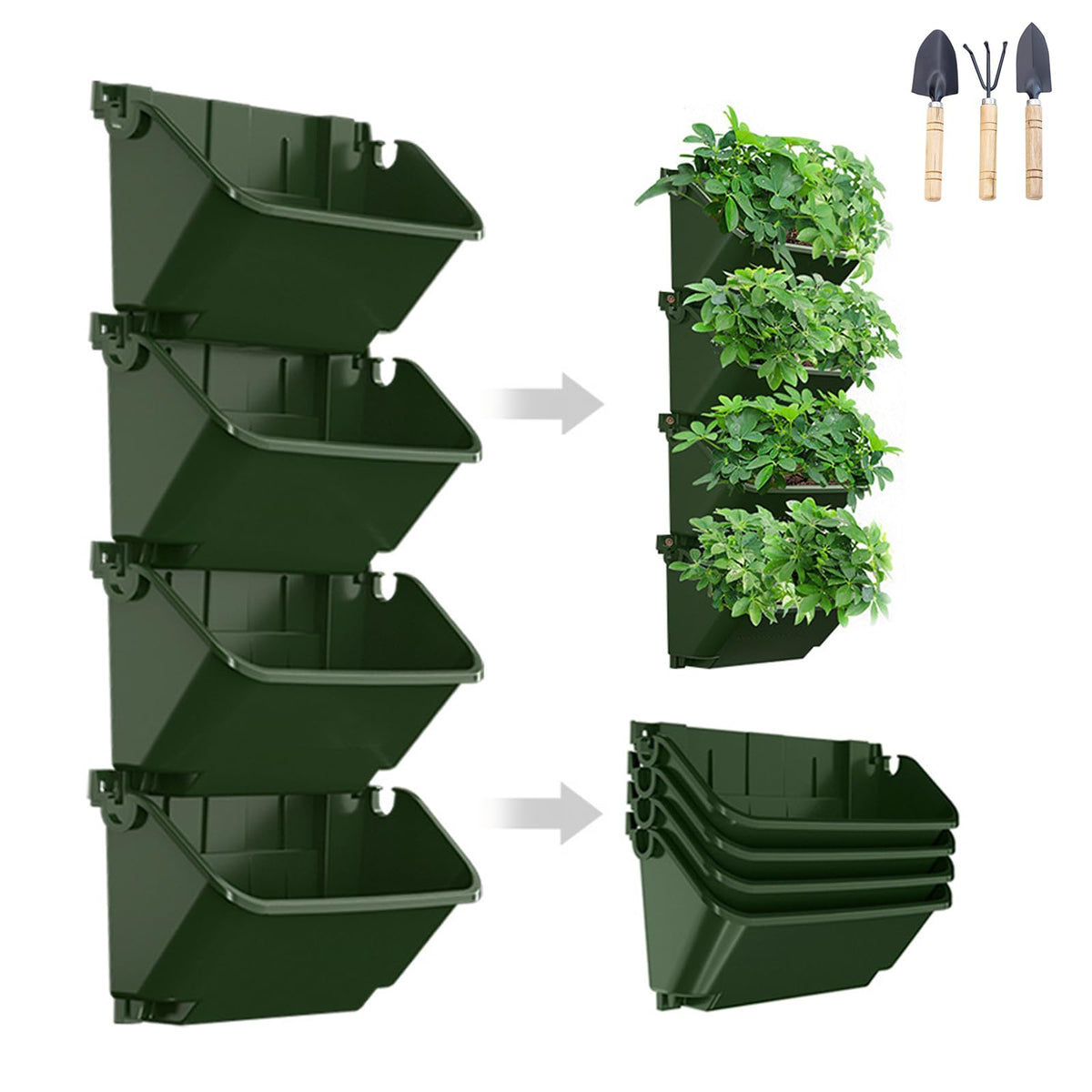 Gatyagff Vertical Wall Planter, 4 Packs Self Watering Wall Planters for Indoor with 3 Pcs Garden Tool Set Vertical Planter Tower for Strawberry Flowers Herbs, 12.9''x5.5'' x26.7''