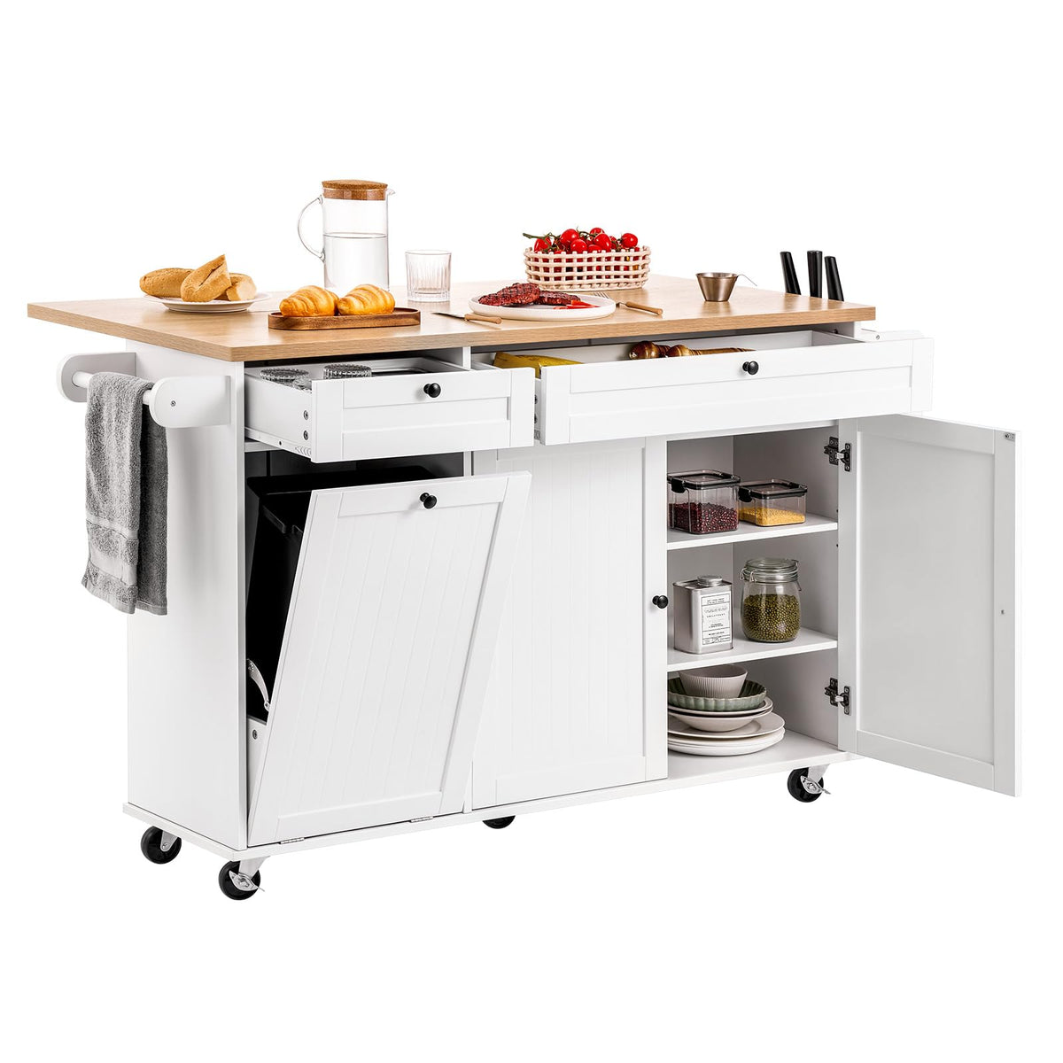 VEVOR Kitchen Island Cart with Storage, 60in Wide Mobile Kitchen Cart with Wheels, Drop Leaf, 2 Drawers, Trash Can Cabinet, Knife Holder, Spice Rack, and Towel Rack, Table for Dining Room, Pantry