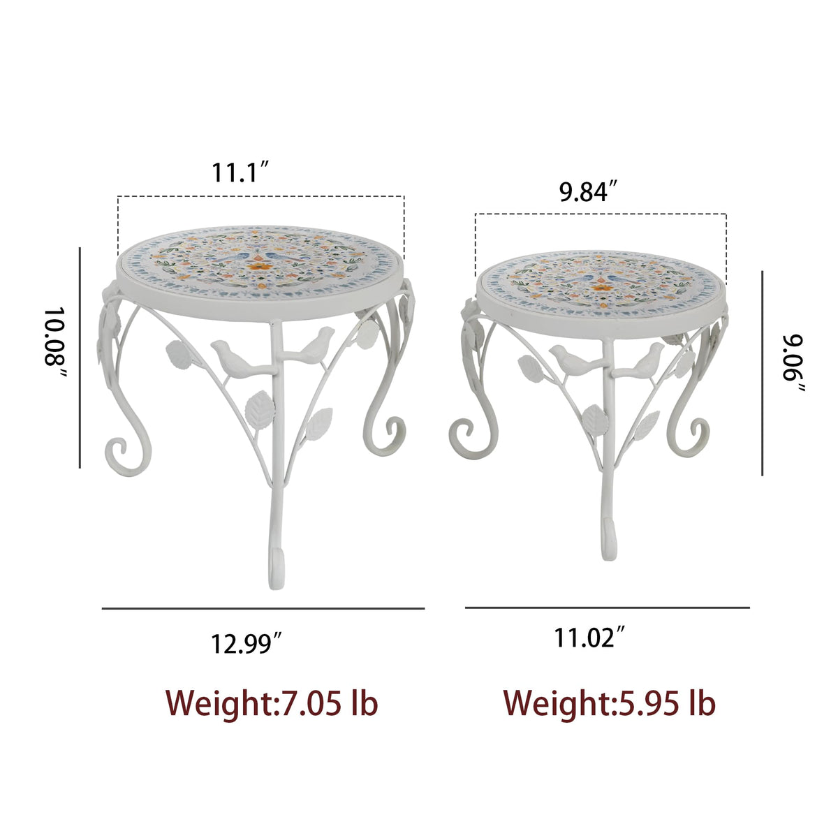 Rustic Metal Plant Stand Set of 2 Indoor & Outdoor Round Ceramic Top Mosaic Planter Pot Stand Low Heavy Duty Flower Holder Rack for Garden Patio Living Room Farmhouse Accessory Decor Gift White Flower Bird