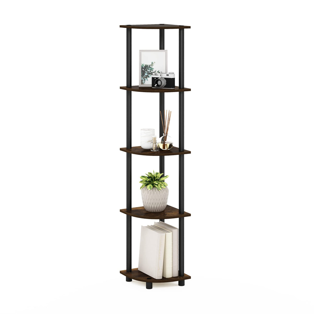 Furinno TURN-N-TUBE Corner Shelf, 5-Tier Corner Bookshelf, Open Storage Shelves, for Organization and Storage, Living Room, Home Office, Garage, Bedroom, Amber Pine