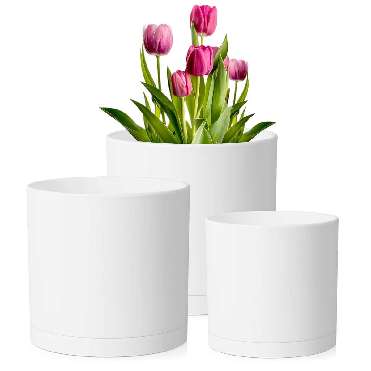 Meowell 8/7/6 inch Plant Pots, Set of 3 Cylinder Flower Pots for Outdoor Indoor Plants, Decorative Plastic Planters with Drainage Holes and Saucers for Garden House Plants, White