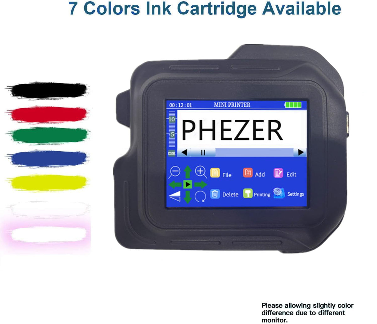 Phezer A Set PC98 Mini Inkjet Printer for Any Surface, with 2 Pcs Original Solvent Ink Cartridge (Black)
