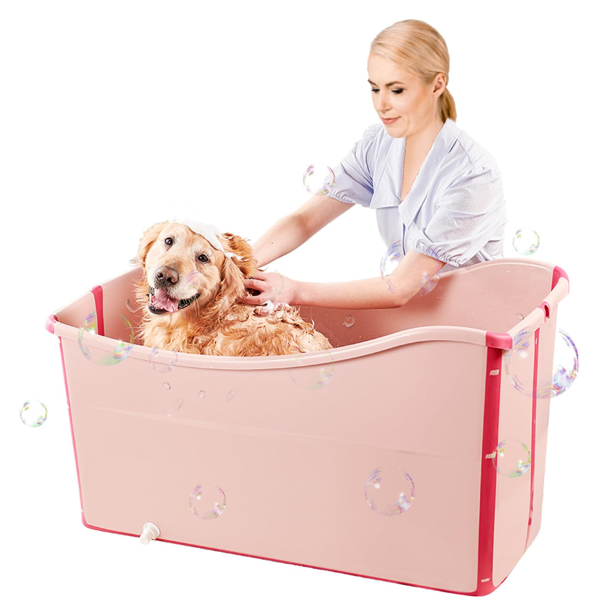 Minandhua Portable Dog Bathtub for Large Dogs - 48.4Gal Foldable Pet Wash Station with Drain Plug, Insulated & Non-Slip Design for Indoor/Outdoor Bathing, Grooming, Camping（Pink）