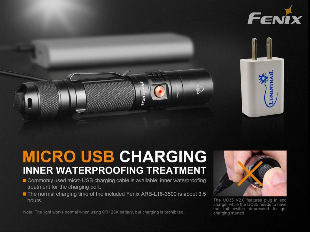 Lumintrail Fenix UC35 V2.0 Rechargeable Tactical Handheld LED Flashlight 1000 Lumens USB Wall Plug