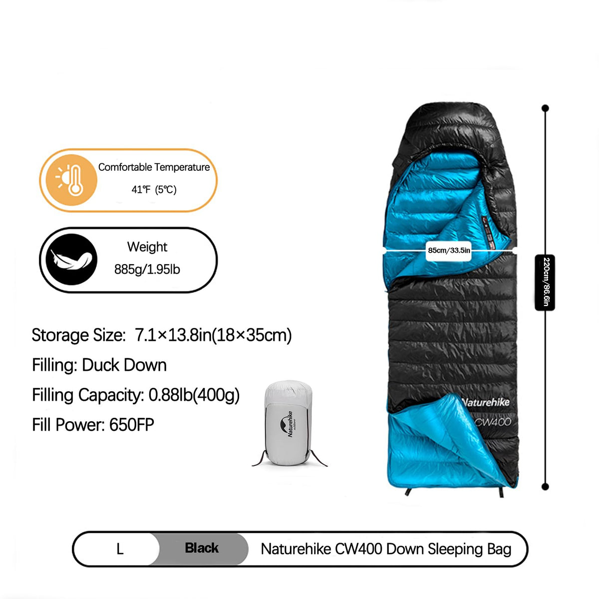 Naturehike Ultralight Down Cold Weather Sleeping Bag, 650FP Compact Sleeping Bag 3-4 Season for Adults & Kids, Backpacking, Camping, Hiking, Traveling with Compression Sack (Black, Large)