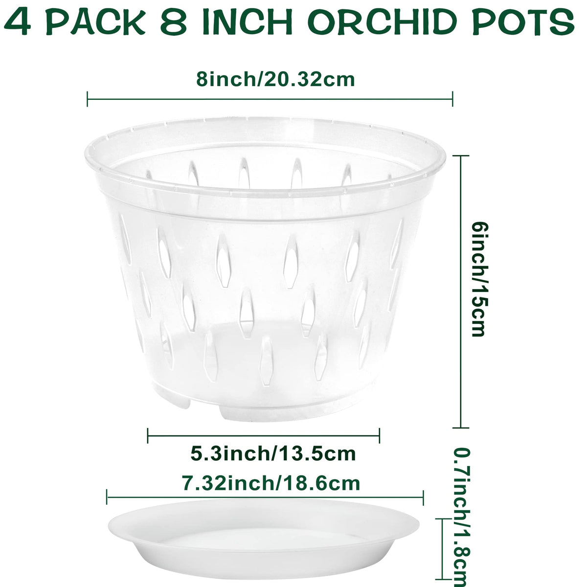 lanccona Orchid Pot, 8 Inch 4 Pack Orchid Pots with Holes and Saucers, Clear Plastic Orchid Pots