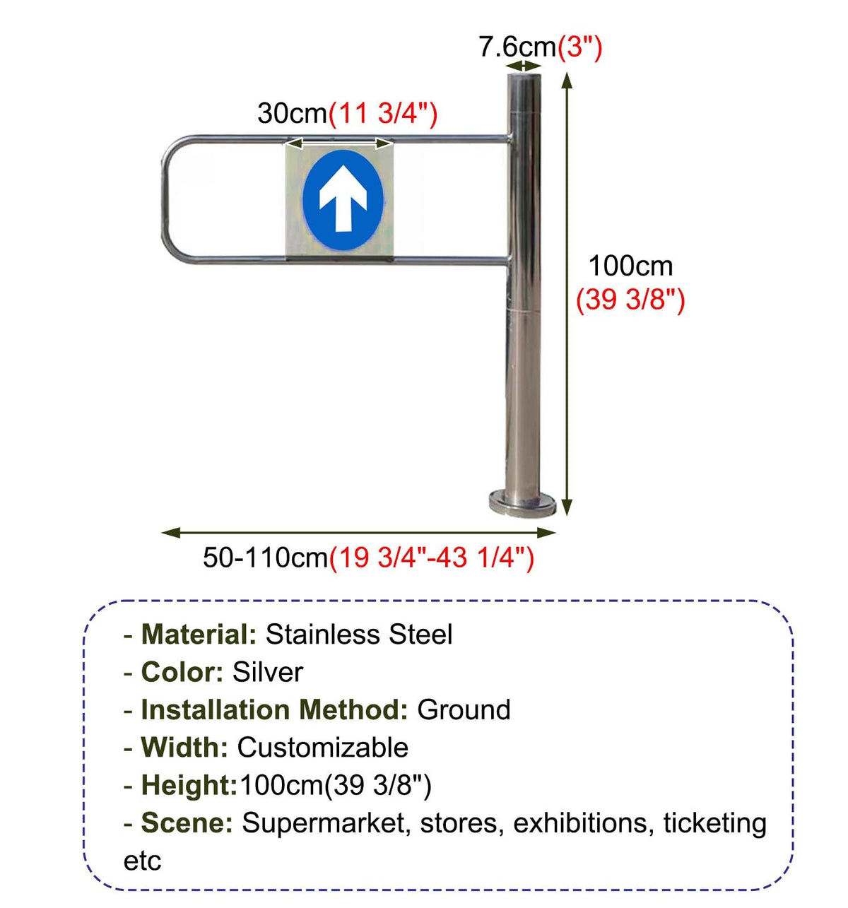 WhamtL Industrial Warehouse Entrance Swing Gate, One Way Turnstile Gate with Directional Sign, Anti Reverse Pedestrian Barrier for Controlled Entry(Right,WXH 60x100cm(24x39in))