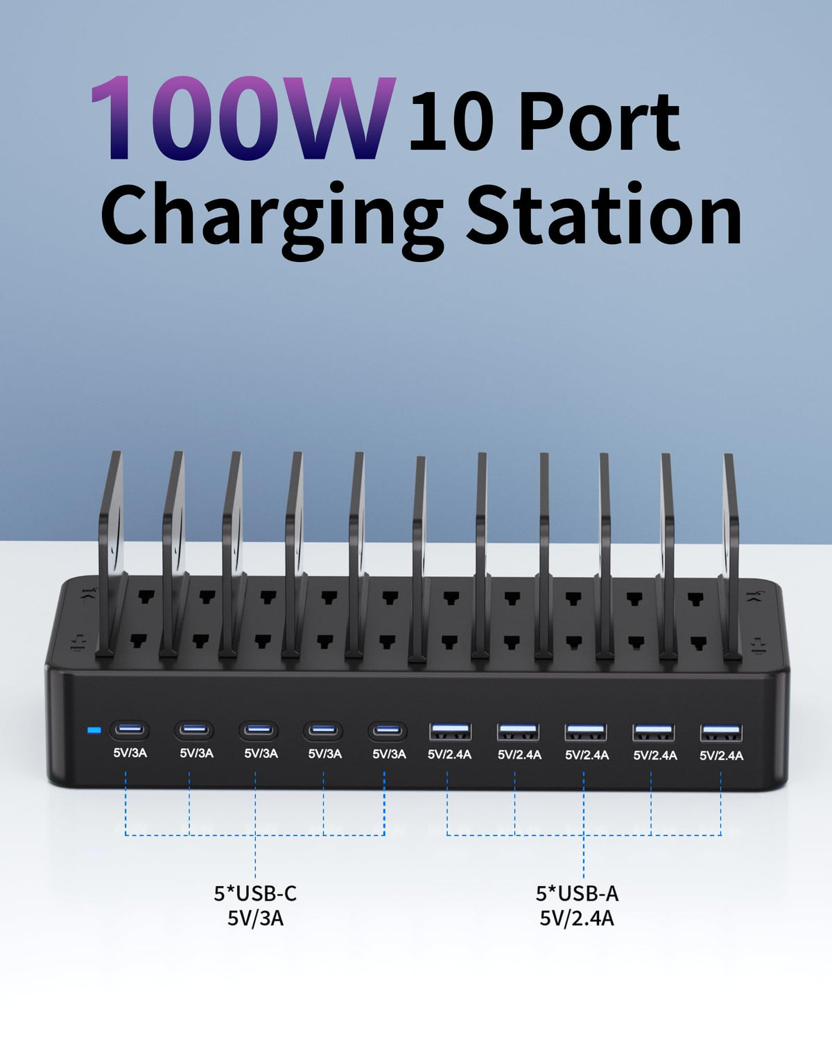 100W Charging Station for Multiple Devices, 10-Port USB Fast Charging Station with Adjustable Dividers & 10 Cables- Multi Device Organizer Charging Dock for iPhone, iPad, Tablets & More(Black)