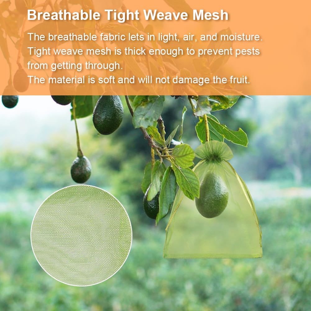 Shintop 100Pcs Fruit Protection Bags, 6x9 Inch Green Fruit Tree Netting Cover Drawstring Mesh Tomato Bags Pest Barrier for Apples Mango