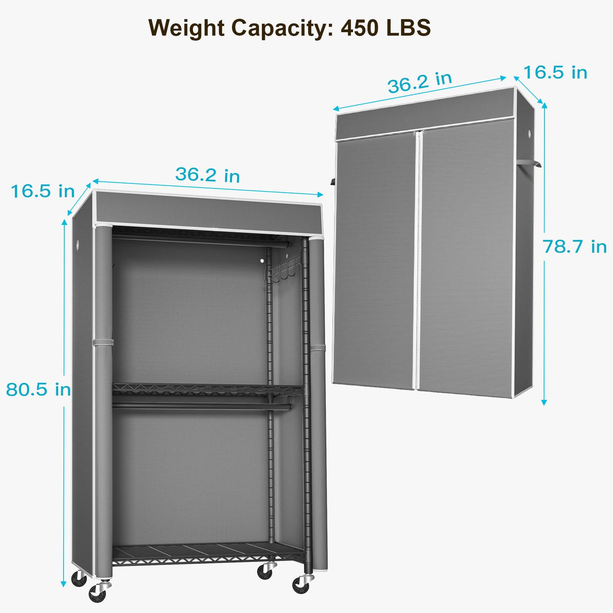 FUTASSI Black Clothing Rack with Dark Gray Cover, P1C Rolling Closets with Wheels, Metal Garment Rack for Hanging Clothes, Clothing Storage Wardrobe, 36.2" W x 16.5" D x 80.5" H, Load 450 Pounds