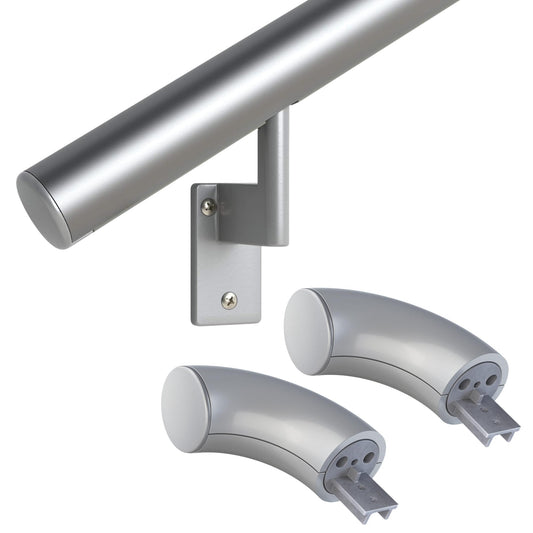 Promenaid - 1.5ft Flush Handrail Kit Sliver Finish Complete Indoor/Outdoor Handrail for Stairs with ADA Wall Return Kit Flush Endcap Replacement