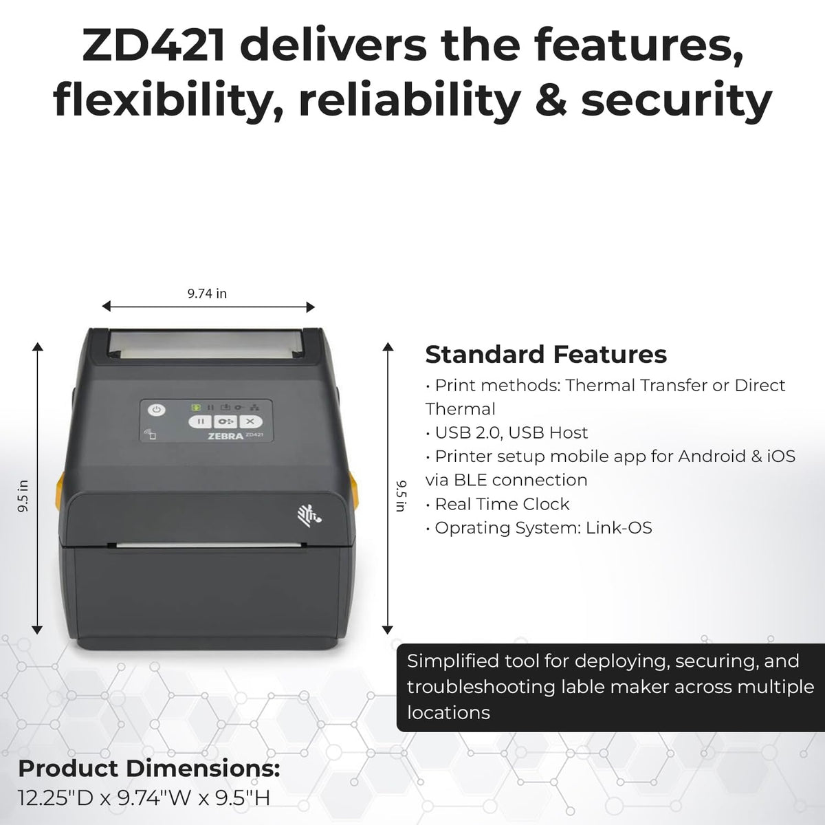 Zebra ZD421 (ZD4A042-D01M00EZ) USB/Bluetooth - Zebra GK420d Replacement, Direct Thermal Label Printer 203 dpi with 4x6 Thermal Roll + Power Adapter + USB 2.0 Cable + Microfiber Cloth Included