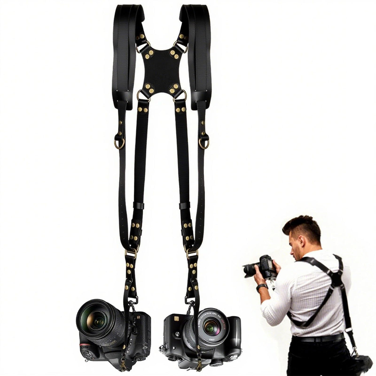 YIHAOSSING Camera Harness,Black Camera Straps for Photographers,Leather Dual Camera Strap for Two DSLR/SLR Cameras (black)