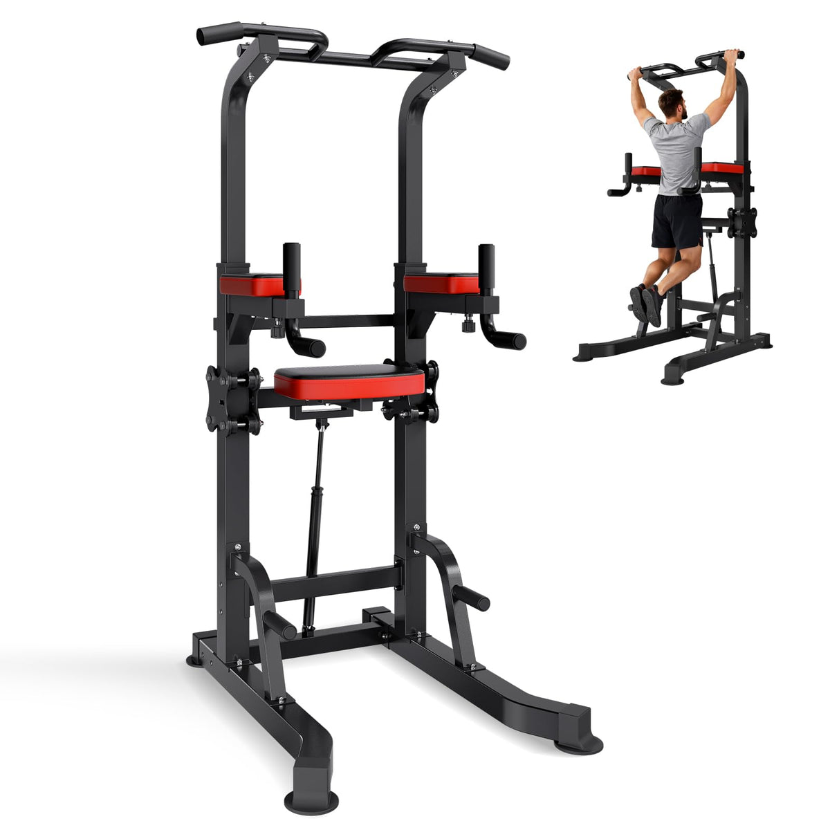 VEVOR Pull Up Bar, 330 LBS Power Tower Dip Station, Workout Dip Station with H-Shaped Stable Base & Assistance Platform, Adjustable 9 Level Height Pullup Stand for Back, 3-Level Adjustable Elbow Pads